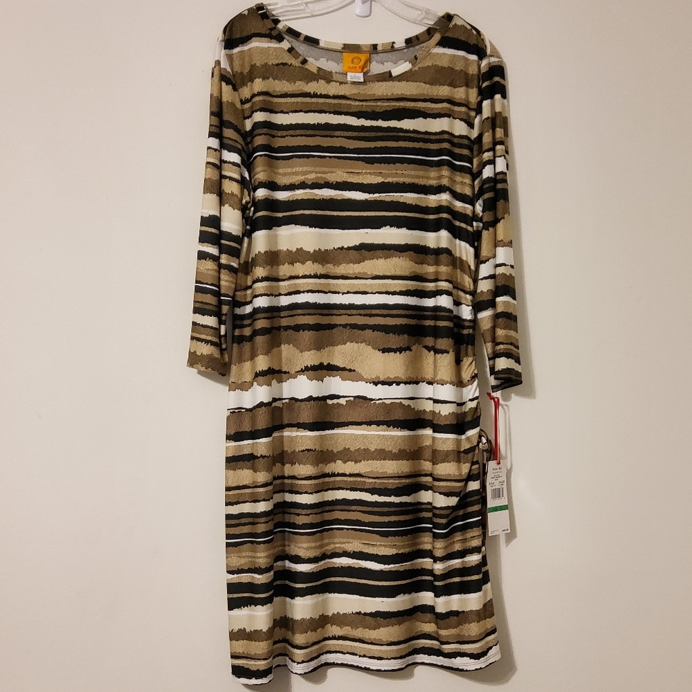 Ruby Rd. Brown/Tan/Black/Cream Striped Ruched Shift Midi Dress